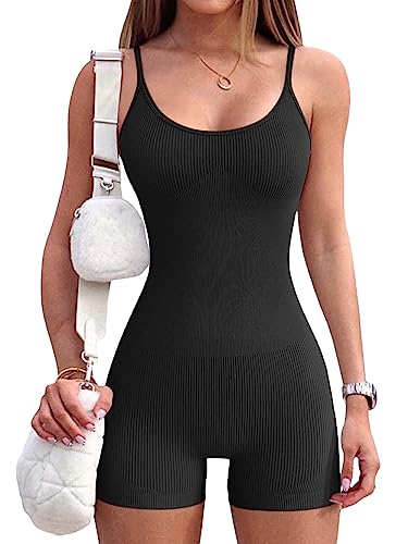 Rongseng Jumpsuit Damen Kurz Eng Sexy Ärmellose Yoga Romper Spaghetti Strap Bodycon Jumpsuits Sommer Tank Top Einteiler Overall One Piece Bodysuit Stretch Fitness Workout Sport Romper Outfits