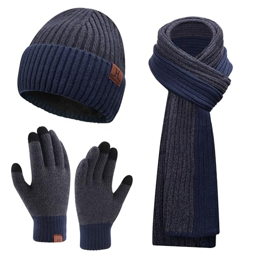 Herren Winter Warm Beanie Mütze Lange Schal und Touchscreen Handschuhe Set mit Fleece Gefüttert Wintermütze Strickmütze Rutschfeste Winterhandschuhe Schals Geschenk für Männer, Marineblau