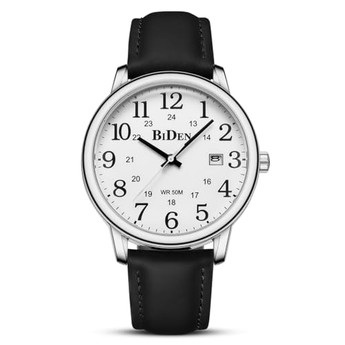 HANPOSH Uhren Herren Herren Uhr Analog Quarz Uhren für Männer Wasserdicht Armbanduhren Herren Mode Business Uhr mit Datum Leder Band (Silber Weiß)