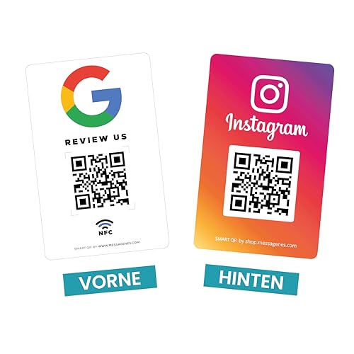 MESSAGENES | PVC-Karte Bewertung auf Google QR Code und NFC + Instagram QR | Google Bewertung Aufsteller | 1 Einheit 8,6x5,5cm | Schilder Bewertung NFC und QR Code | Instagram + Google Review Card NFC