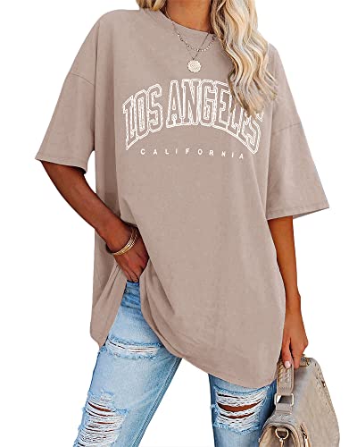 Ebifin Oversize T Shirt Damen Vintage Kurzärmeliges Rundhals Los Angeles Oberteile Tops Casual Lockere Basic Sommer Tee Shirts Bluse.Khaki.XL