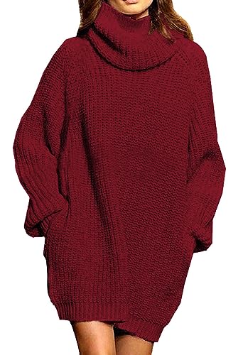 Viottiset Damen Übergroßes Pulloverkleid Langarm Rollkragen Mini Pullover Gerippt Oversize Wollkleid Winter Weinrot L