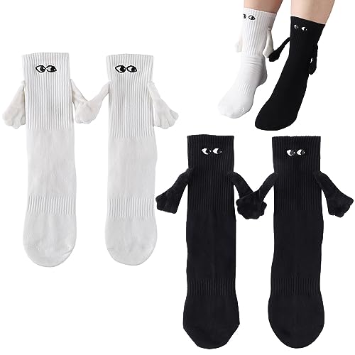 PRAOAHEI Magnetische Socken mit Händen Hand in Hand Socken mit Magnetarmen Lustige Alberne Geschenke für Freunde Familie Freundin Freund Liebende Paar (Schwarz+Weiß, 35-41, 2 Paar)