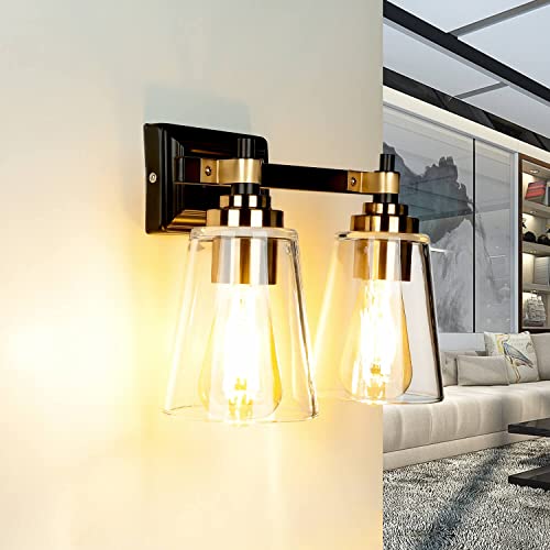 Licht-Erlebnisse Wandleuchte mit Schirm Glas Metall Industrial Design 2x E27 in Messing Schwarz EVE Wandlampe Küche