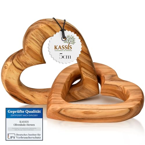 Kassis Geschenkartikel Olivenholz-Herzen für Brautpaar, zum Valentinstag, Jubiläum, Hochzeitstag, Geburtstag - verbundene Holz-Herzen - Hochzeitsgeschenk - (5 cm)