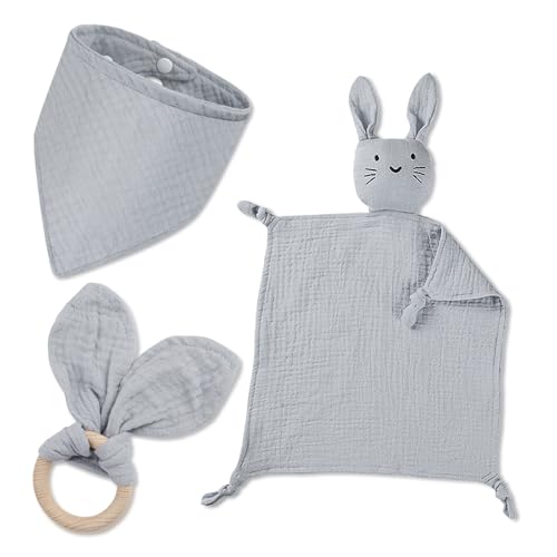 Baby Geschenk Junge Mädchen Neugeborene Geschenkset Babygeschenke 3 Stück Geschenke zur Geburt mit Schnuffeltuch Hase und Beißring Holz und Lätzchen Baby für Neugeborenen Babyparty Sachen (Grau)