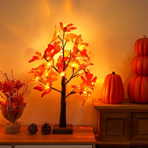 KASZOO Herbstdeko Ahornblatt Baum Lichter mit 24 LEDs, 60cm Lichterbaum Für Innen Herbst Deko mit Timer und USB &Batteriebetrieben, Lichterbaum Halloween Deko Für Hochzeit, Erntedankfest