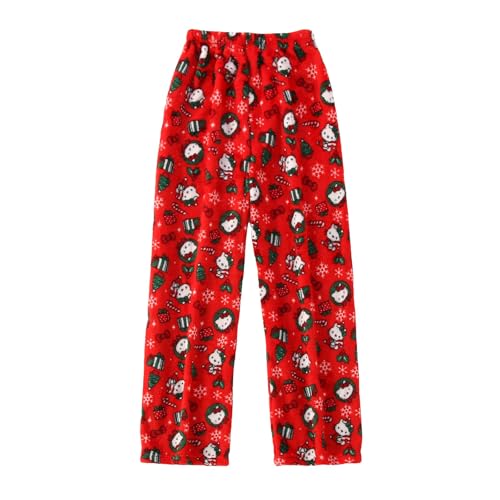 Pyjama Hose Damen Pyjamahose Lang Flanell Schlafanzug Hosen Schlafanzughose Kitty Anime Cartoon Kawaii Kuschelig Weich Bequeme Warm Flauschig Casual Home Lounge Schlafhose für Frauen Teenager Mädchen