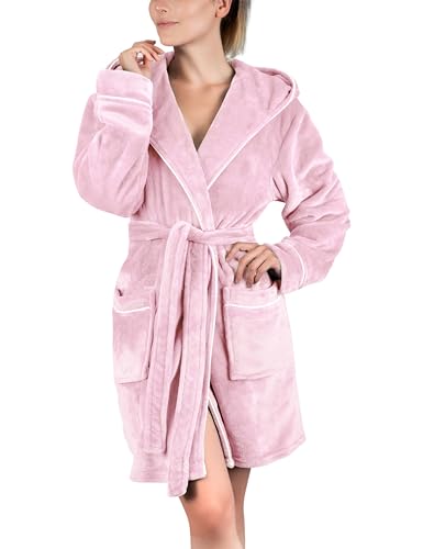Gräfenstayn Bademantel Damen flauschig mit Kapuze - Kuschelfleece - Öko-Tex Standard 100 - Morgenmantel leicht & kurz - Größe (L, Rosa)