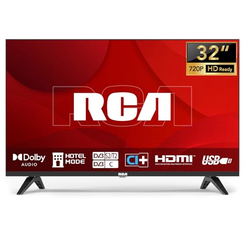 RCA TV 32 Zoll (80 cm) randlos LED HD Fernseher mit Triple Tuner (DVB-T/T2-C-S/S2), HDMI, CI+, USB-Media-Player, Hotelmodus, Dolby Audio (NRB32HQ1, 2024)