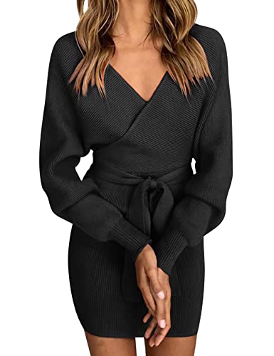 Vancavoo Strickkleid Damen Pulloverkleid V-Ausschnitt Elegant Langarm Pullover Winterkleid Strickpullover Kleid Bodycon Minikleid Sexy Rückenfrei Tunika Kleid Mit Gürtel für Herbst Winter,Schwarz M