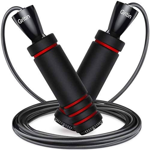 Gritin Springseil, 3 Meter Verstellbare Speed Rope mit Rutschfest & Ergonomisch Schaum Griffe für Fitness & Ausdauer & Seilspringen Training,für Alle Größen & Körpertypen, mit Oxford-Tasche