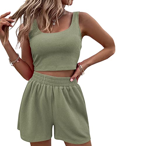 Geagodelia Damen Zweiteiler Sommer Hosenanzug Elegant Outfits Kleidung 2 Teiler Set Crop Tank Top + Shorts Y2k Aesthetic Clothes Workout Sport Anzug (A - Grün, S)