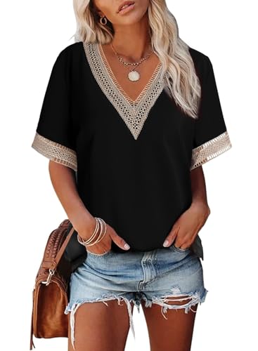 Dokotoo T Shirt Damen V Ausschnitt Sommer Kurzarm Oberteile Spitzen Aushöhlen Bluse Locker Casual Pullover Tshirt Oversize Tops A Schwarz 2XL