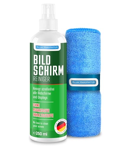 Blum Manufaktur 250ml Bildschirmreiniger + 30x30 cm Mikrofasertuch - Screen Cleaner - Display Reiniger - Absolut streifenfreie Reinigung von Handy, Laptop, PC, TV