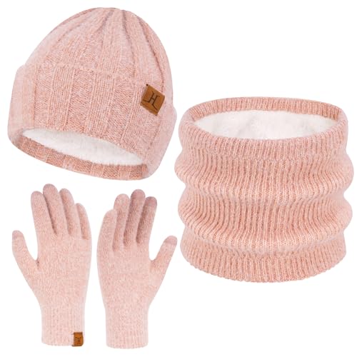 ZASFOU Damen Winter Mütze Schal Touchscreen Handschuhe Set Kunst Nerz Samt Strickmütze Beanie Thermo Wintermütze Schals Winterschal Winterhandschuhe Geschenk für Frauen