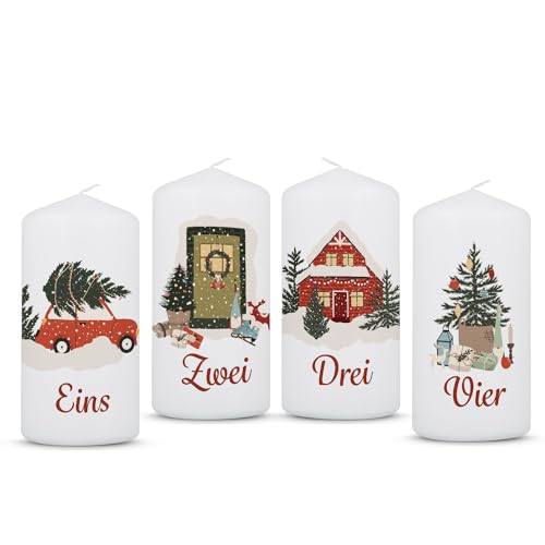 GRAVURZEILE Bedruckte Weihnachtskerzen - Advent Weihnachtsmotive - Kleine Kerzen im 4er Set für den Adventskranz - Dekoration zu Weihnachten - Geschenk für Sie & Ihn - Stumpenkerze 120/58 mm