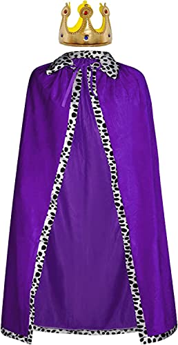 Königsmantel Königinsmantel Samtmantel Kostüm + Krone König Königin für Damen Herren Halloween Erwachsene Mottoparty Theater Fasching Cosplay Karneval Verkleiden Accessoires (49.2in/125cm, Purple)