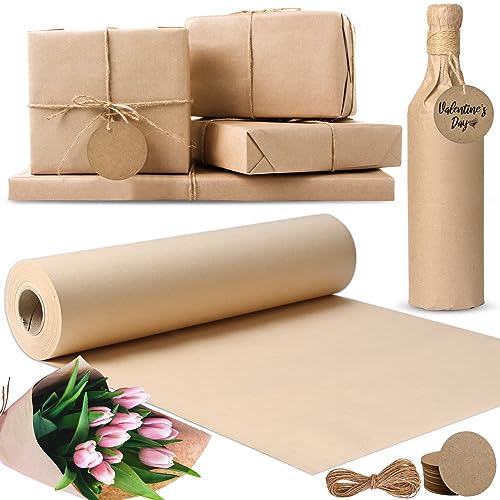 Cieex Braun Kraftpapier Set, Kraftpapierrolle 30 cm × 30 m Packpapier +30 Stk Kraftpapieretiketten +10m Jute-Schnur Ideal für Kunsthandwerk, Geschenkverpackung Verpackung, Lebensmittelpapier