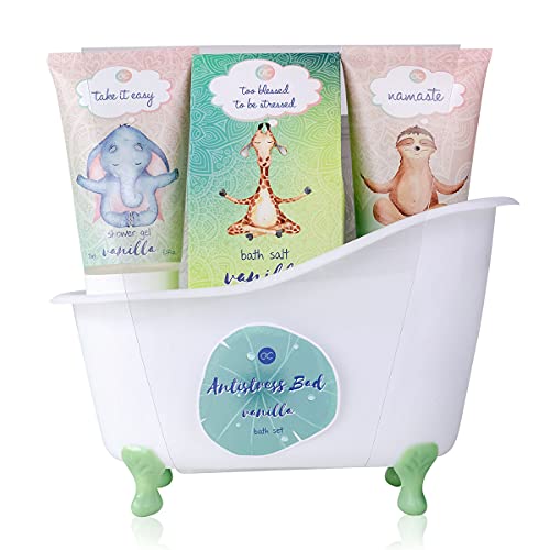 Accentra - Anti-Stress Bade- & Duschset mit Vanilleduft - Geschenk Set zur Entspannung für Frauen zum Geburtstag oder Weihnachten - 5-Teiliges Wellness Geschenk- & Pflegeset mit Mini Deko-Badewanne