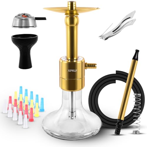 XPNLF Shisha Komplett set mit 1 Schläuchen,15.5'' Klein Shisha Kit mit Dreiblättriger Shisha Kopf,Shisha bowl aus Silikon mit sieben Löchern, Schöne Glasvase,Carbon Clip,20 Shisha Tips (Gold)