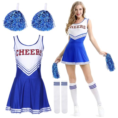 DAZZTIME Cheerleader Kostüm Damen,Kostüm Cheerleader,Cheerleadering Outfit Mädchen,Kostüme für Erwachsene,Cheer Outfit Fasching Party Halloween Kostüm Kleid mit Pompoms Socken,Karneval,Mottoparty.