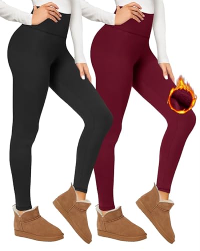 CAMPSNAIL Thermo Leggings Damen Gefütterte im Winter, High Waist Thermohose Dicke Warm Blickdicht für Sport(Schwarz/Weinrotu,L-XL)