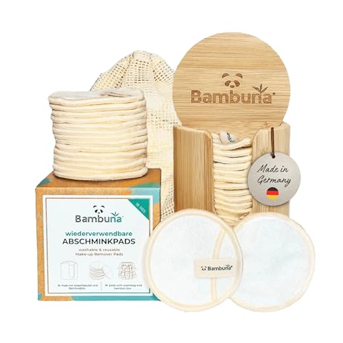 BAMBUNA 18 Stk. wiederverwendbare Wattepads mit Bambusbox und Waschbeutel - Abschminkpads waschbar - nachhaltige Abschminktücher - Make Up Entferner Pads - weiche Reinigungspads - Made in Germany