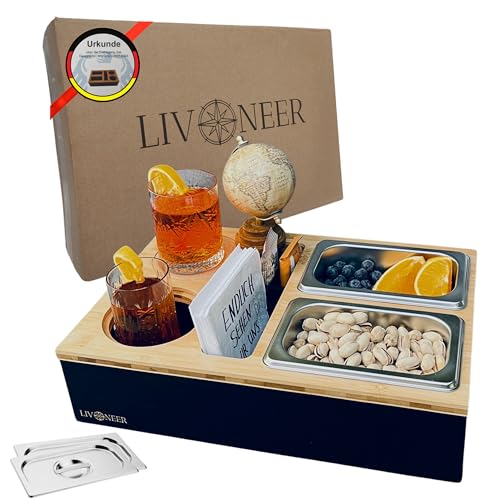 Livoneer Couchbar Robuste Premium Snackbox I Einteilbares Tablett inkl. abnehmbarer Deckel, 2XL Snackschalen, Getränkehalter mit Untersetzer & Handyhalterung Couch für gemütliche Abende, Geschenkbox