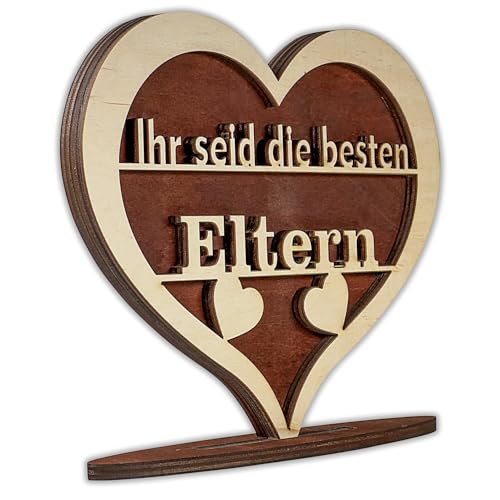 Urhome Holzherz mit Spruch Ihr seid die besten Eltern - 21 x 18 cm Holz Herz mit Ständer - Deko-Herz Geschenk für Eltern zum Geburtstag Weihnachten