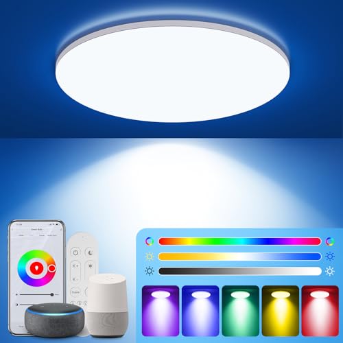 KingMile 24W LED Deckenleuchte,Smart LED Deckenlampe mit Fernbedienung,RGB LED Deckenleuchte Dimmbar,synchronisiert mit Musik,App-Steuerung und Kompatibilität mit Alexa/Google Assistant-Rund