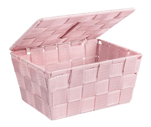 WENKO Badkorb Mod. Adria Aufbewahrungsbox für Bad und Kinderzimmer aus hochwertigem Kunststoff-Geflecht mit Deckel rosa Maße 19 x 10 x 14 cm