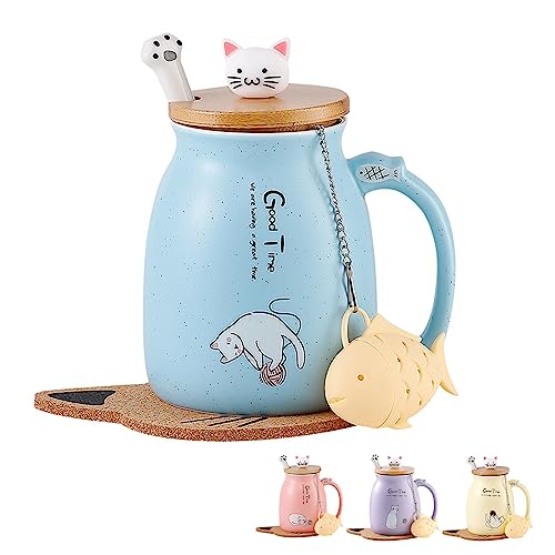 Geschenke für Frauen Katzen Tasse Süße Keramik Kaffeetasse mit deckel Edelstahl Löffel Lustige Weihnachten Geschenke Neuheit Morgen Cup Tee Milch Teetasse mit Deckel und Sieb 380ML