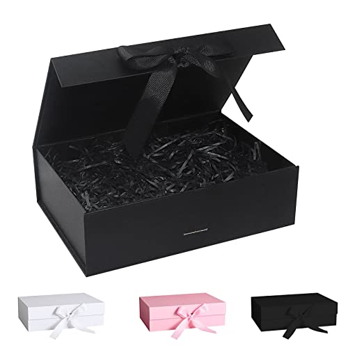 Geschenkbox mit Schleife,Geschenkbox mit Deckel, Geschenkbox mit Schleifenband und Geschreddertes Papier, Magnetische Geschenkboxen für Hochzeit Geburtstag Weihnachten Jubiläum (Schwarz, 27*19*8cm)