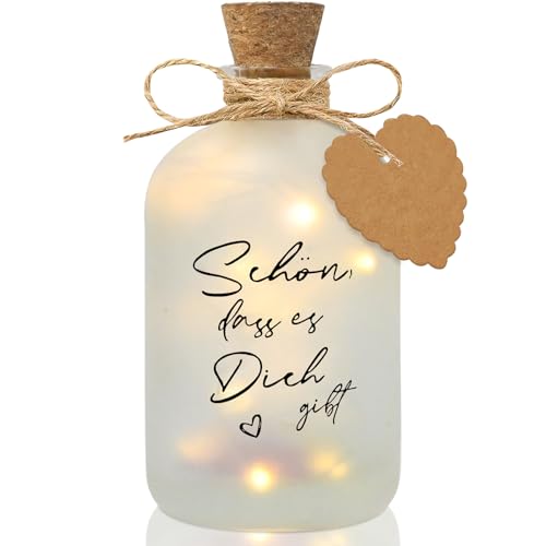 Ulikey LED Flaschenlicht mit Spruch - Schön, dass es Dich gibt, Beleuchtete Flasche, Dekoflaschen mit Korken, Leuchtflasche Personalisiert Geschenk für Geburtstag Hochzeit Weihnachten (Gefrostet)