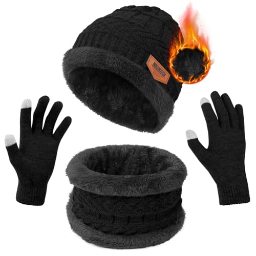 flintronic Wintermütze Schal Touchscreen Handschuhe Set, Fleece-Innenfutter Warm Beanie Mütze Schal Touchscreen Handschuhe Set, Elastische Mütze Runder Schal Handschuhe Set für Herren & Damen