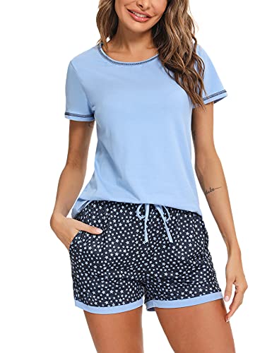 Litherday Pyjama für Damen, Sommer, Kurze Ärmel, Pyjama-Set, Baumwolle, Nachtwäsche, Bedruckt, kariert, bequem, weich, atmungsaktiv, A Blau., 38