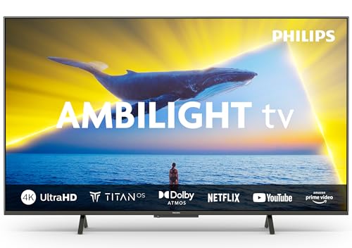 PHILIPS Ambilight 43PUS8109 4K LED Smart TV - 43-Zoll Display mit Pixel-präziser Ultra HD, Titan OS Plattform und Dolby Atmos, Funktioniert mit Alexa und Google Sprachassistent - Satiniertes Chrom