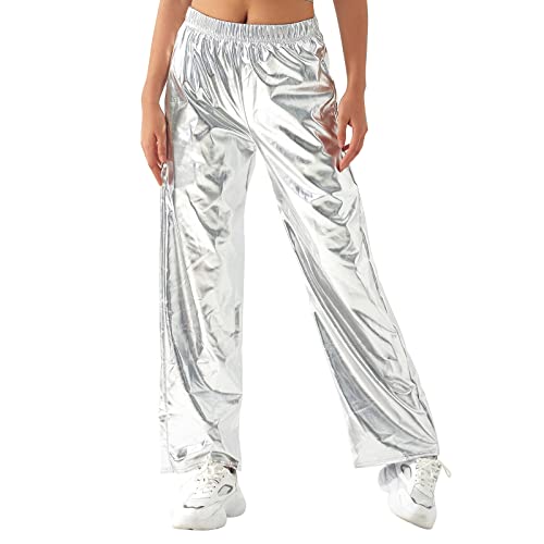 Gl?nzende Metallic Hose Damen Glanz Jogginghose High Waist 80er 90er Jahre Kost?m Lack Leder Wet Look Hip Hop Clubwear Holografische Rave Hose Jogginghose Streetwear Halloween Cosplay Silber M