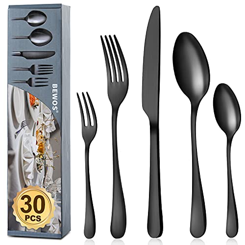 BEWOS Besteck Set für 6 Personen, 30 teilig Schwarz Mattiert Essbesteck Set inkl. Messer, Gabel, Löffel, Besteck Edelstahl, Spülmaschinenfest