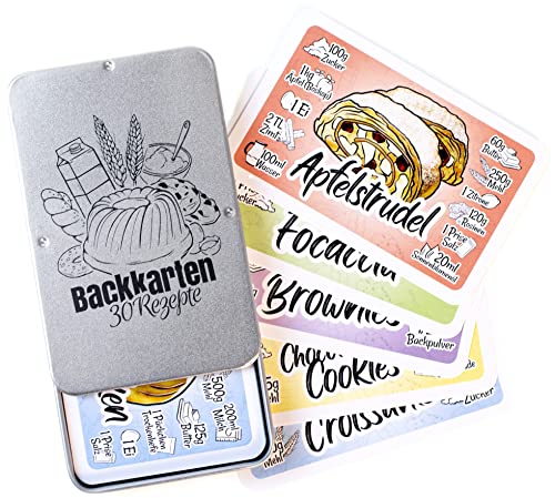 Chroma Products Backrezepte auf 30 Karten: Backen Geschenk mit Abbildungen und Erklärungen in Metalldose, Kartenspiel statt Backen Buch, für Anfänger und Fortgeschrittene