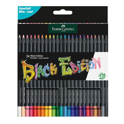 Faber-Castell 116424 Black Edition Buntstifte, 24er Box, Lebendige Buntstifte, Bruchsichere Buntstifte mit ergonomischem Griff, Malstifte für helles und dunkles Papier