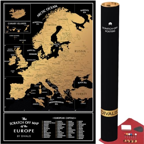 Rubbel Karte von Europa Einfach zu Rahmen - Kratzbare Karte Europa Poster mit Städten - Große Reisewandkarten - Scratch off Travel Map of the Europe