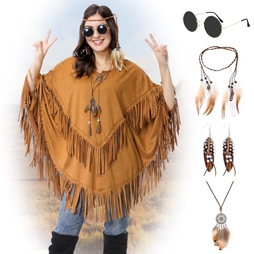 Aragallant Poncho Indianerin, Brauner Unisex Fransen-Poncho Wildleder-Optik, Extravaganter Indianer Poncho mit Fransen und Perlen, Kostüm Poncho für Erwachsene Karneval Fasching Party Cosplay