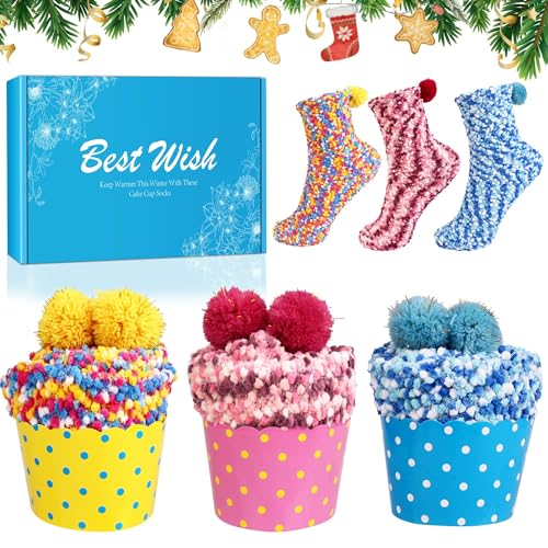 Geschenk für Frauen Kuschelige Socken Frauen Weihnachten Lustige Socken Geschenkideen Bequeme Winter Warme Cupcake Flauschige Bunte Haus Socken Geschenke für Freundin Schwester Mama