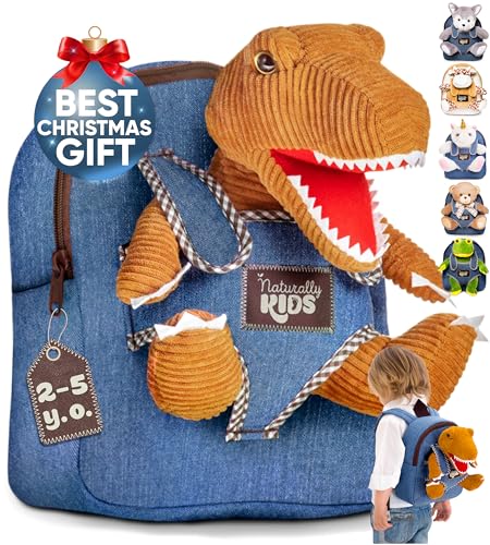 Naturally KIDS Rucksack Kinder m Spielzeug ab 2 Jahre Junge, Mädchen, Kindergartenrucksack Mädchen, Geschenk Mädchen 3 Jahre, Brauner Dino Kuscheltier