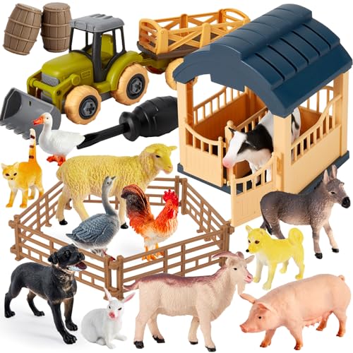 BUYGER Bauernhof Tiere Traktor Spielzeug ab 3 Jahre, Realistische Tierfiguren Set, Montage Traktor Anhänger, Scheune e Zäune, Lernspielzeug Geschenke für Kinder Jungen ab 4 5 + Jahre