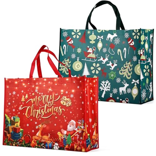 2PCS Riesige Weihnachtsgeschenktaschen, Tragetaschen mit Griffen, Weihnachts-Treat-Taschen, Nichtgewebte Weihnachtstaschen für Geschenke, die Einkaufen verpacken, Weihnachtsfeierzubehör, 54×40×20cm