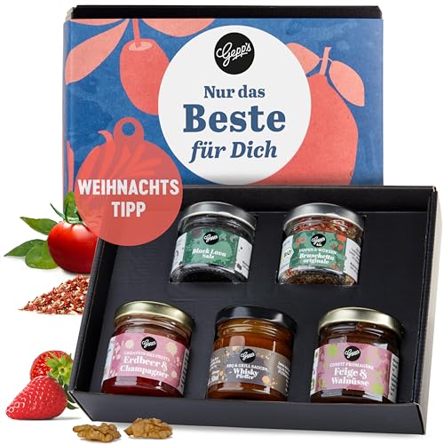 Gepp's Feinkost Mini Best of Weihnachts-Geschenkbox I Geschenkkorb mit 2 Gewürz-Variationen, 2 fruchtigen Konfitüren und einer Edelsauce I perfekt zum Verschenken oder selbst genießen I 5 x 50ml