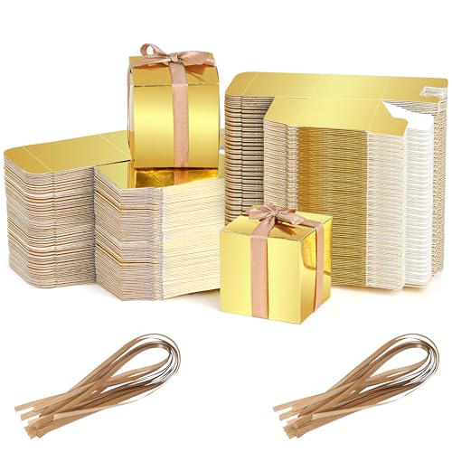 Winter Shore Geschenkbox Klein mit Goldenem Band (100er-Pack) - Geschenkverpackung Box Geschenk für Hochzeiten, Babyparty, Geburtstage, Weihnachten - Vordefinierte Linien, Flach Verpackt, 5 x 5 x 5 cm